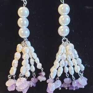 Elegant Pearl and Amethyst Chips Dangle Earrings